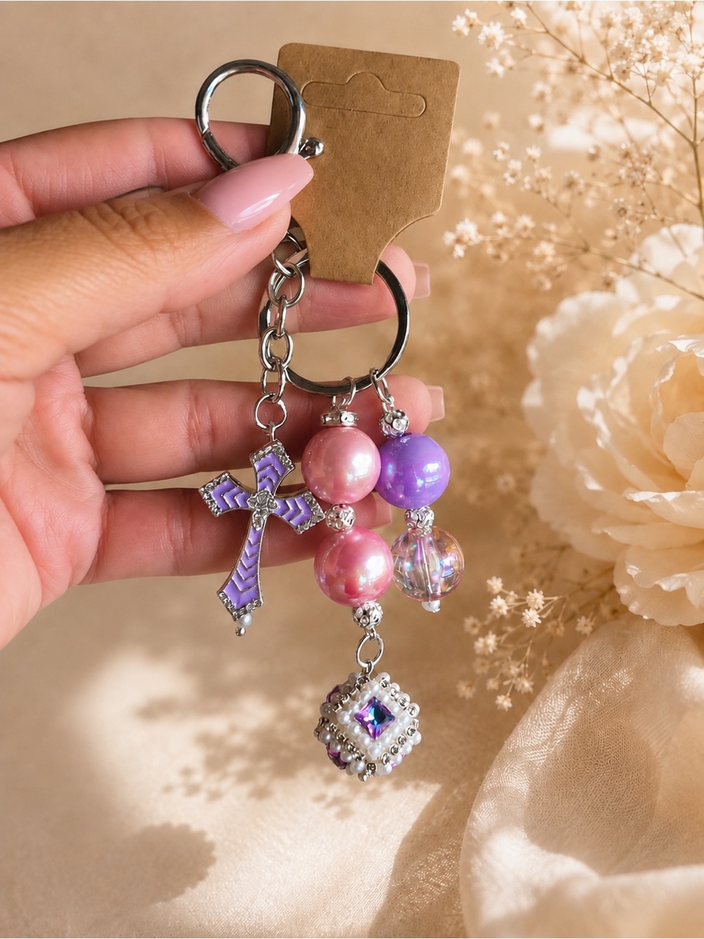 💜 Handmade Pink & Purple Cross Beaded Keychain